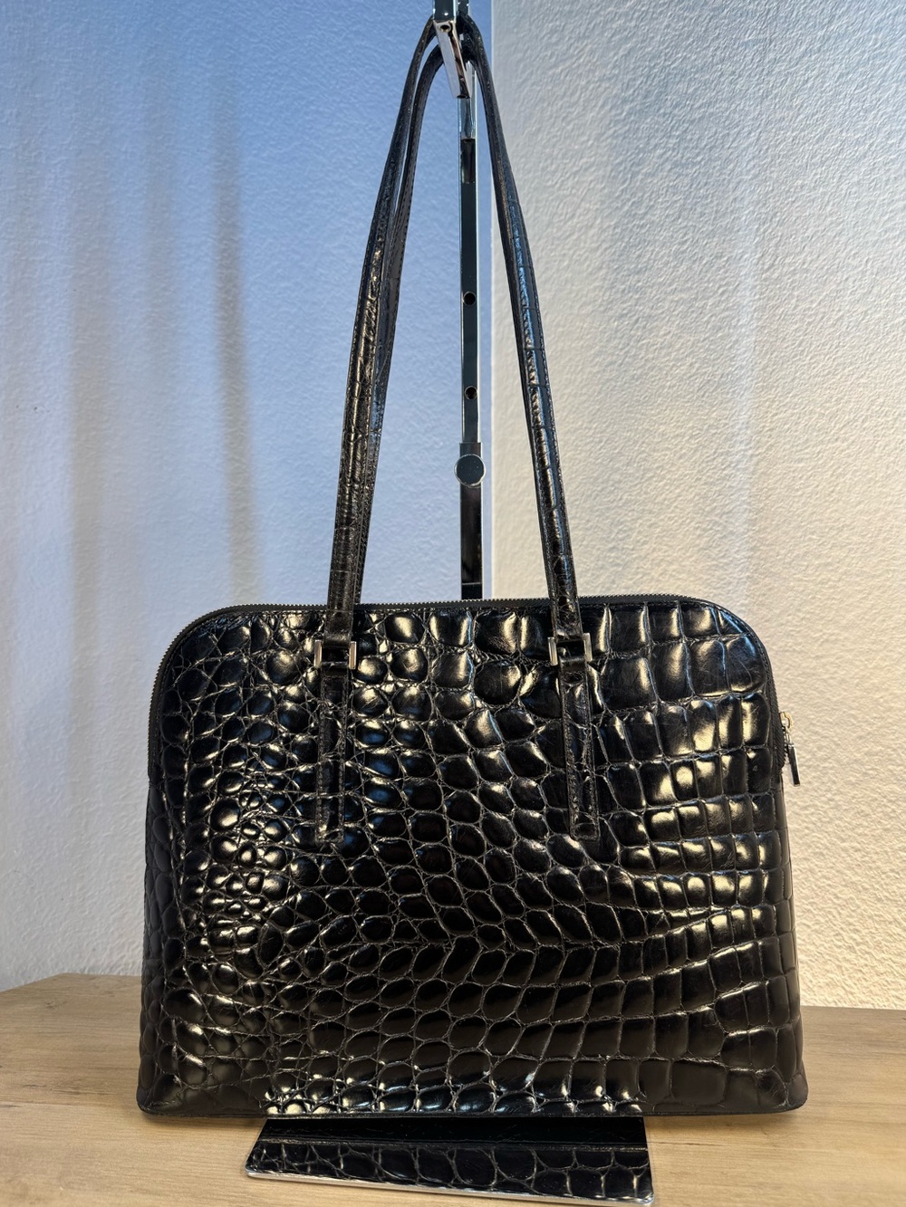 Furla Black Croc Embossed Leather Tote Made in Italy Large Shoulder Bag